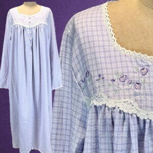 VINTAGE pastel purple gingham maxi nightgown long sleeve 100% cotton flannel 90s